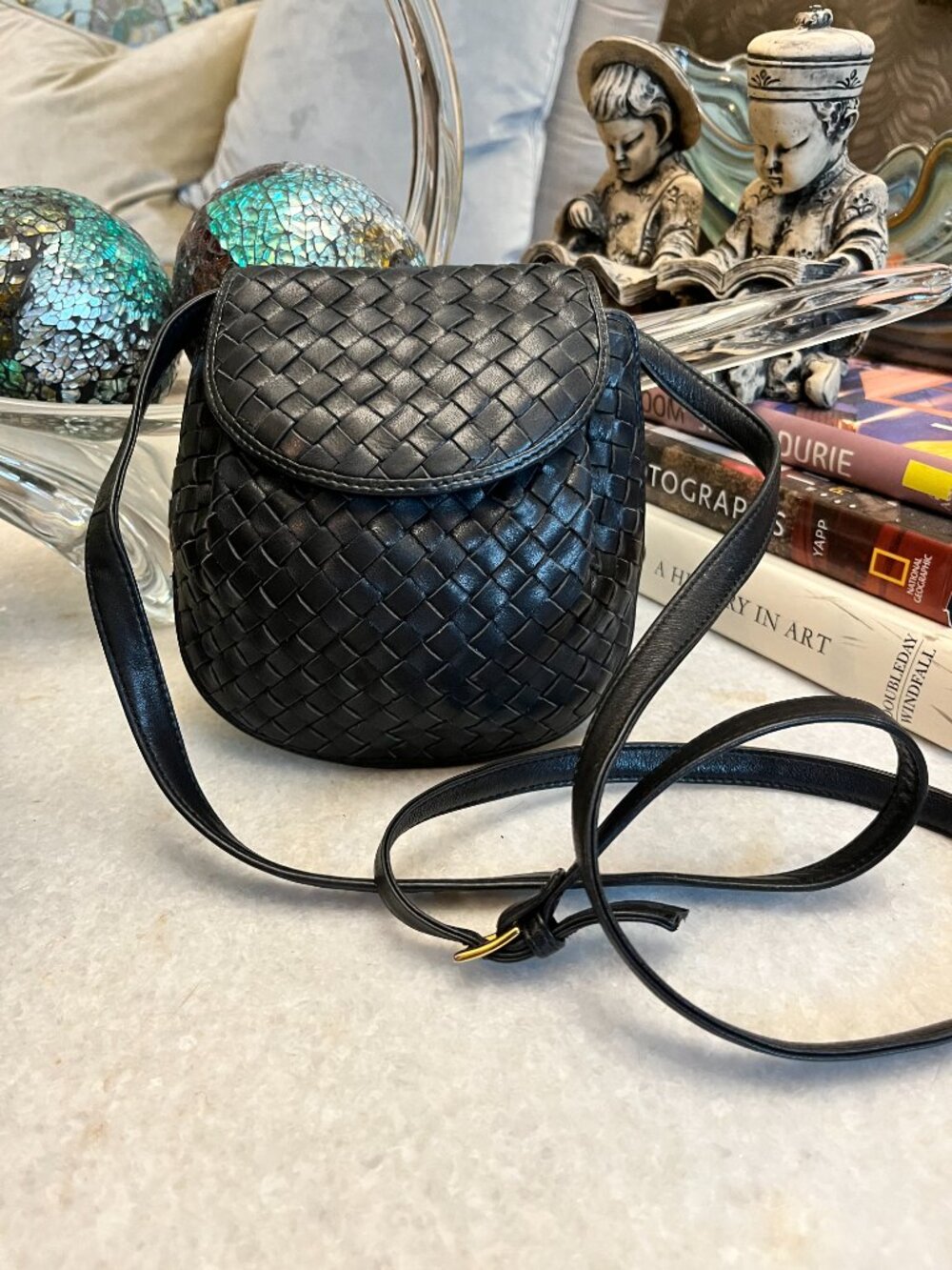 Vintage Intrecciato Shoulder Bag Black Leather Crossbody